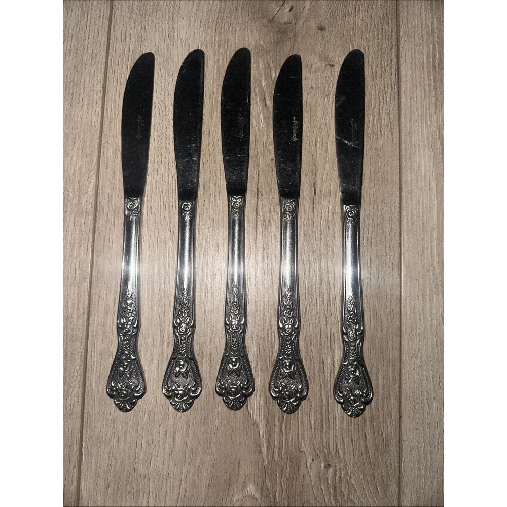 Set of 5 Knives Normandy Rose Floral Flatware Stainless‎ Steel Japan Vintage